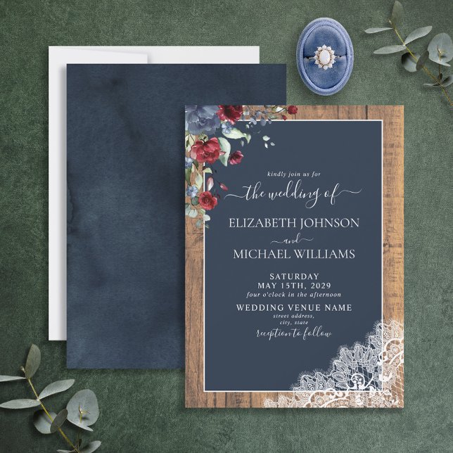 Invitation Elégant Mariage de script en bois bleu Bourgogne d (Créateur téléchargé)