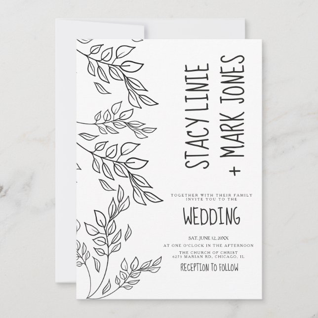 Invitation Elégant Mariage de script noir à main de Foilage (Devant)