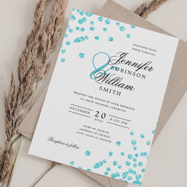 Invitation Élégant Mariage de script Parties scintillant Turq (Elegant Script Wedding Turquoise Glitter Confetti Invitation)
