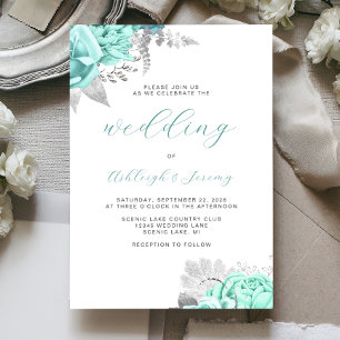 Invitation Élégant Mariage de script Silver Aqua Floral
