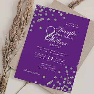 Invitation Élégant Mariage de script Silver Confetti QR Purpl