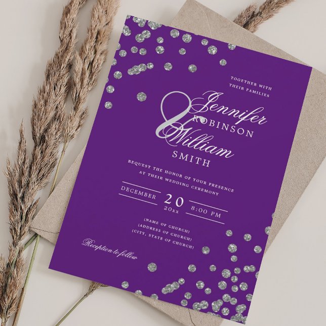 Invitation Élégant Mariage de script Silver Confetti QR Purpl (Elegant Script Wedding Silver Confetti QR Purple Invitation)