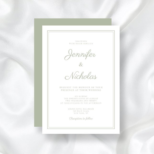 Invitation Élégant Mariage de script vert Sage Formal (Elegant Formal Sage Green Script Wedding Invitation)