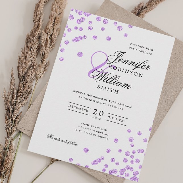 Invitation Élégant Mariage de script violet Confetti QR RSVP (Elegant Script Wedding Purple Confetti QR RSVP Invitation)