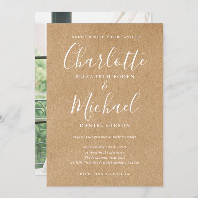 Invitation Élégant Mariage de signature Rustic Kraft Photo (Devant / Derrière)