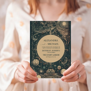 Invitation Élégant Mariage de Tarot Vert Argent