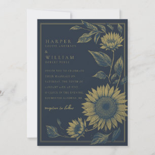 Invitation Elégant mariage de tournesol de marine et d'or