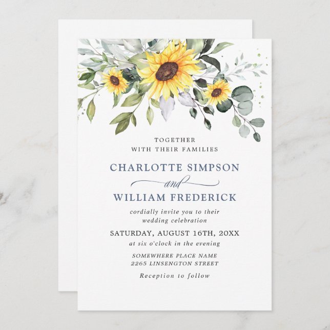 Invitation Élégant Mariage de tournesol Eucalyptus tout en un (Devant / Derrière)