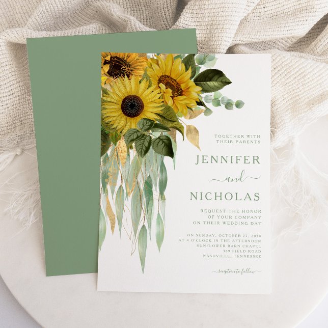 Invitation Élégant Mariage de tournesols floraux verts (Elegant Green Floral Sunflowers Wedding Invitation)
