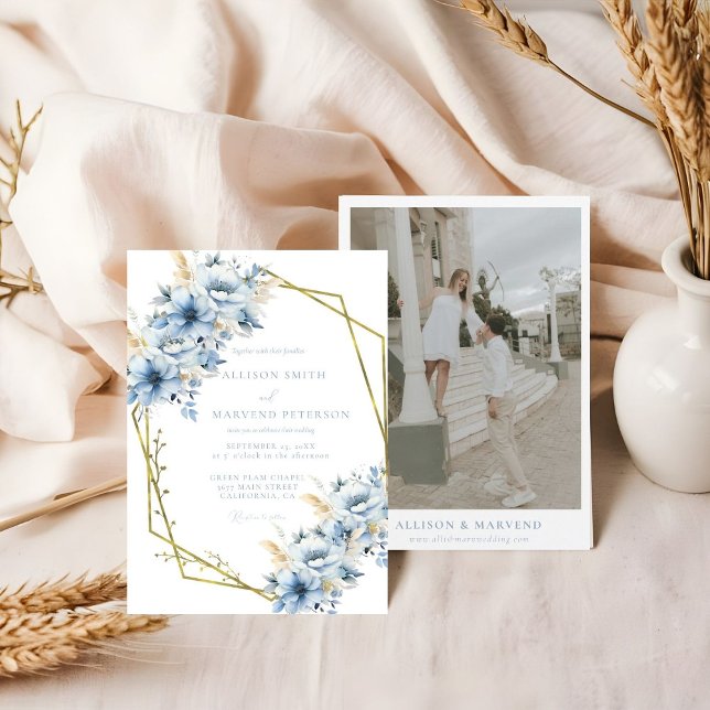 Invitation Élégant Mariage de trame géométrique Floral bleu (Créateur téléchargé)