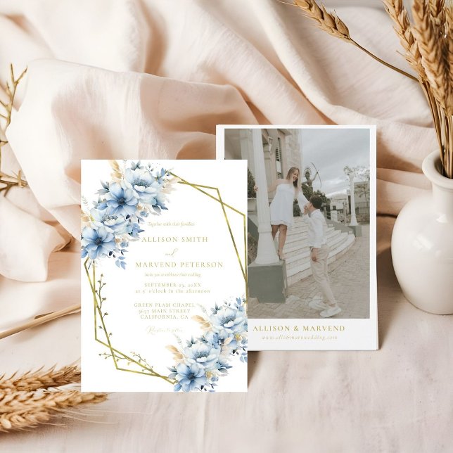 Invitation Élégant Mariage de trame géométrique Floral bleu (Créateur téléchargé)