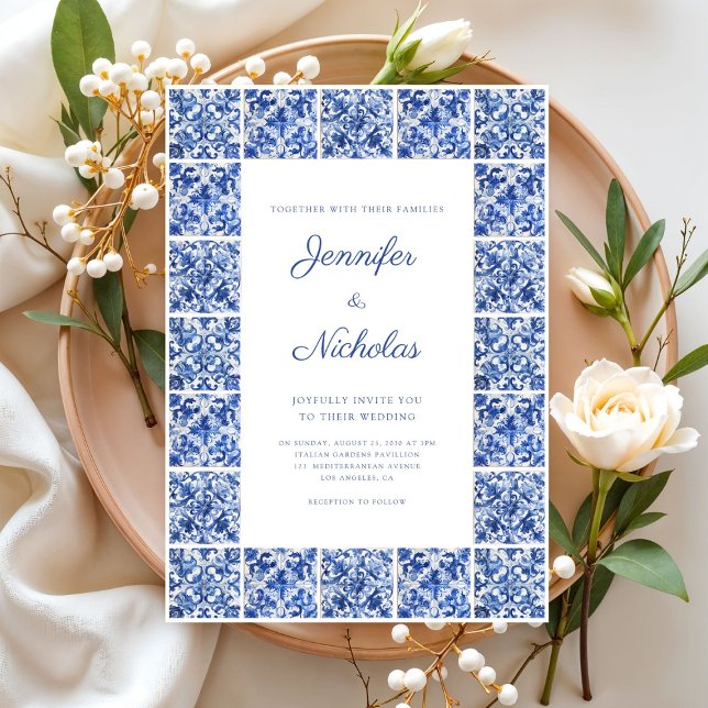 Invitation Elégant Mariage de tuiles Bleues Méditerranéennes (Elegant Mediterranean Blue Tiles Wedding Invitation)