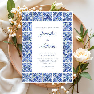 Invitation Elégant Mariage de tuiles Bleues Méditerranéennes