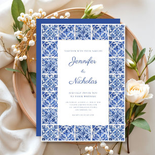 Invitation Elégant Mariage de tuiles Bleues Méditerranéennes