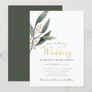 Invitation Élégant mariage d'écriture d'or feuille d'eucalypt