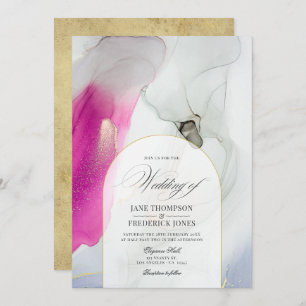 Invitation Élégant Mariage d'encre d'alcool rose, gris et or