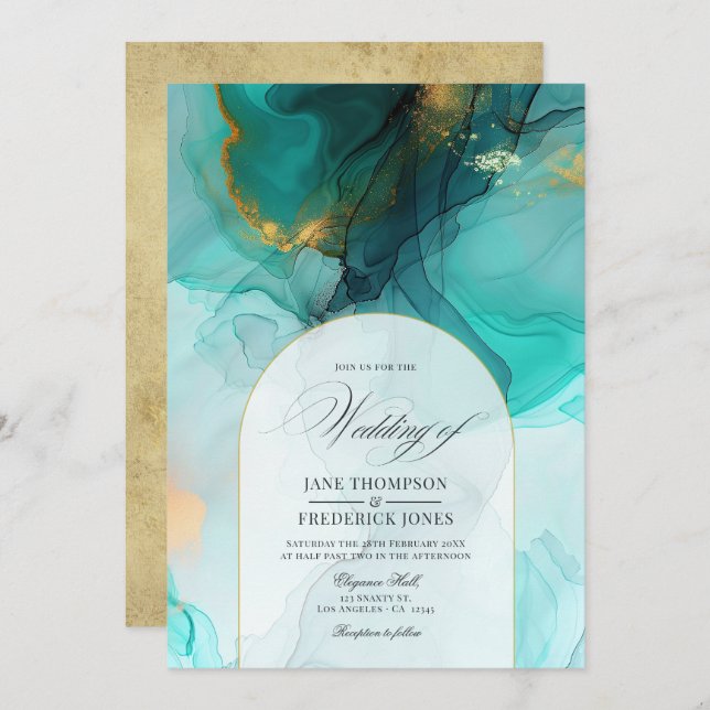 Invitation Élégant Mariage d'encre Turquoise et Gold (Devant / Derrière)