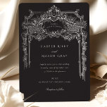 Invitation Élégant Mariage d'époque noir et blanc<br><div class="desc">Cette faire-part de mariage sophistiquée présente un arrière - plan noir frappant, orné d'éléments floraux et architecturaux blancs complexes. L'avant de la carte présente une arche ornée, encadrant les détails mariages avec une élégance intemporelle. La combinaison de la police serif raffinée et des délicats accents floraux blancs sur fond sombre...</div>