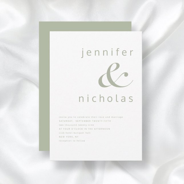 Invitation Élégant Mariage d'escompte vert (Front/Back Minimalist Sage Green Ampersand Typography Wedding Invitation)