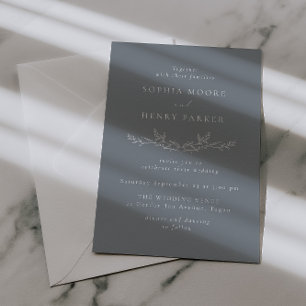 Invitation Élégant mariage dessin au trait feuille bleu pouss