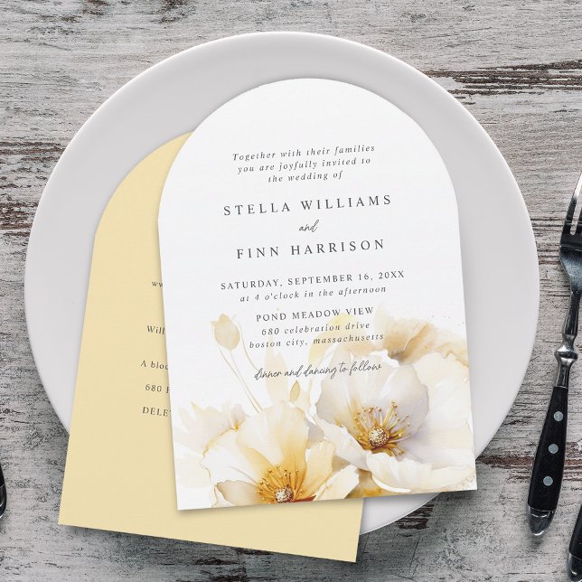 Invitation Élégant Mariage Détails Fleurs Or Blanc Jaune (Elegant White Yellow Gold Flowers Details Wedding Invitation)