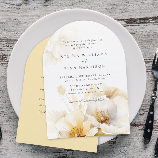 Invitation Élégant Mariage Détails Fleurs Or Blanc Jaune (Elegant White Yellow Gold Flowers Details Wedding Invitation)