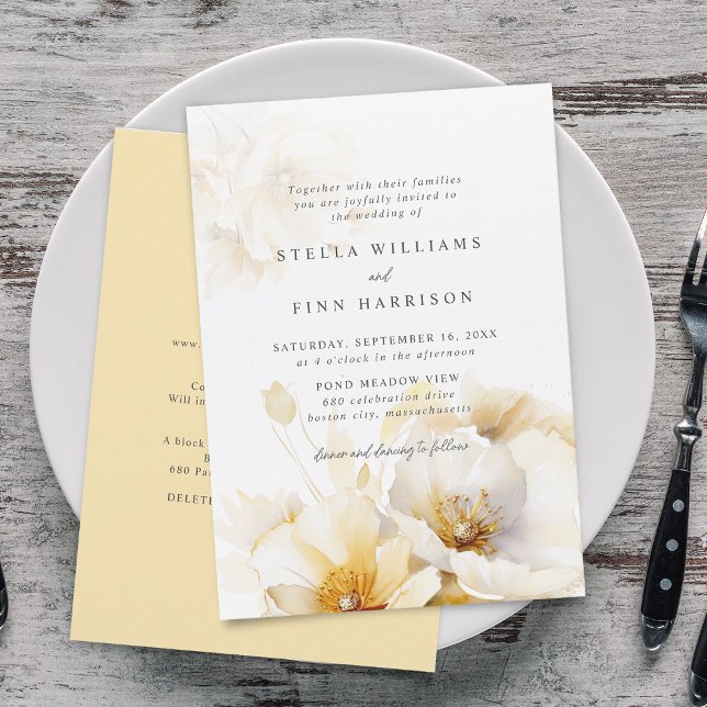 Invitation Élégant Mariage Détails Fleurs Or Blanc Jaune (Elegant White Yellow Gold Flowers Details Wedding Invitation)