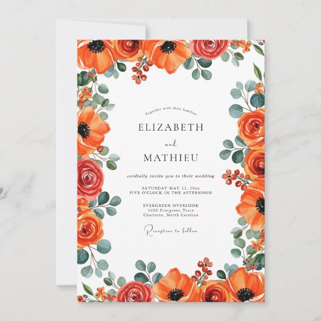 Invitation Élégant mariage d'été orange brûlé (Devant)
