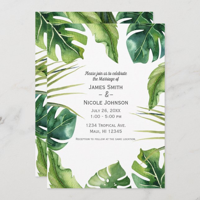 Invitation Élégant mariage d'été tropical aux feuilles de pal (Devant / Derrière)