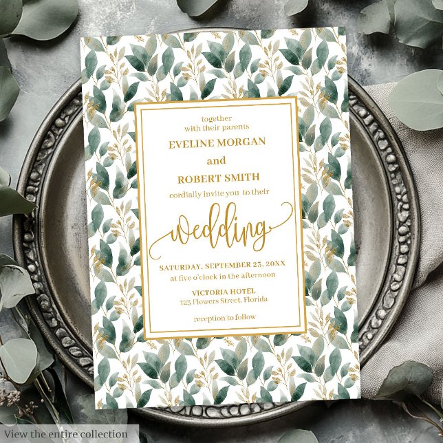Invitation Elégant mariage d'eucalyptus en or vert profond (Romantic Dark Green Gold Foliage Wedding Invitation)