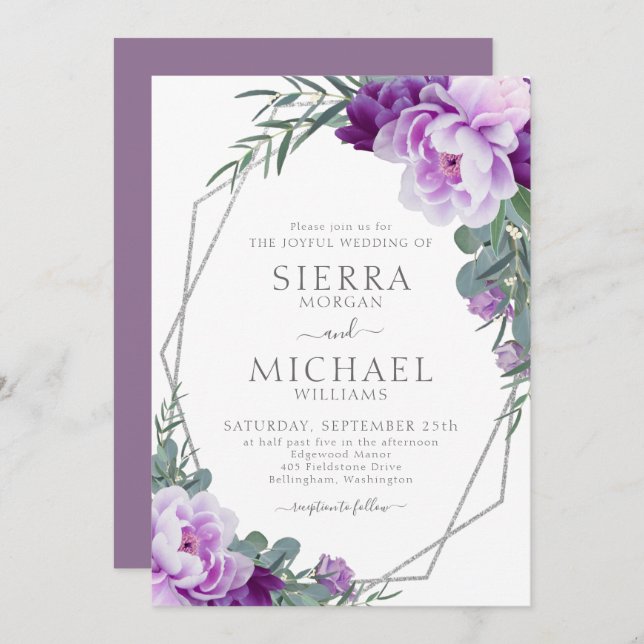 Invitation Elégant Mariage d'Eucalyptus Floral Argent & Viole (Devant / Derrière)