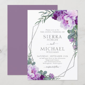 Invitation Elégant Mariage d'Eucalyptus Floral Argent & Viole
