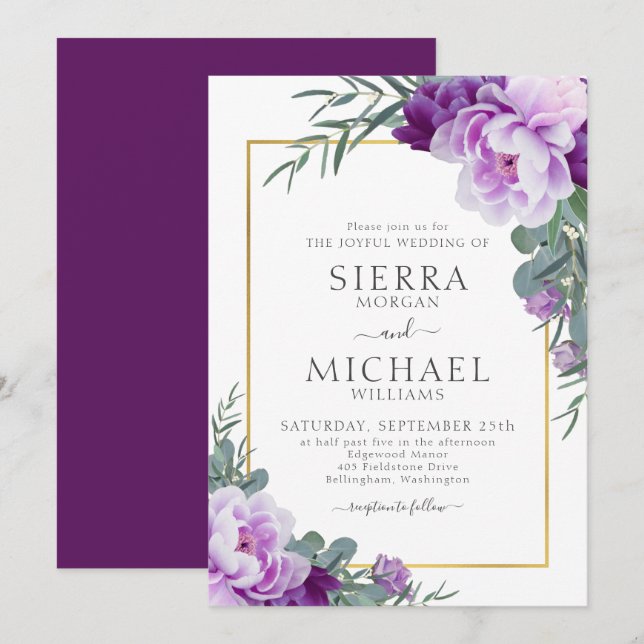 Invitation Élégant Mariage d'Eucalyptus Floral Purple & Or (Devant / Derrière)