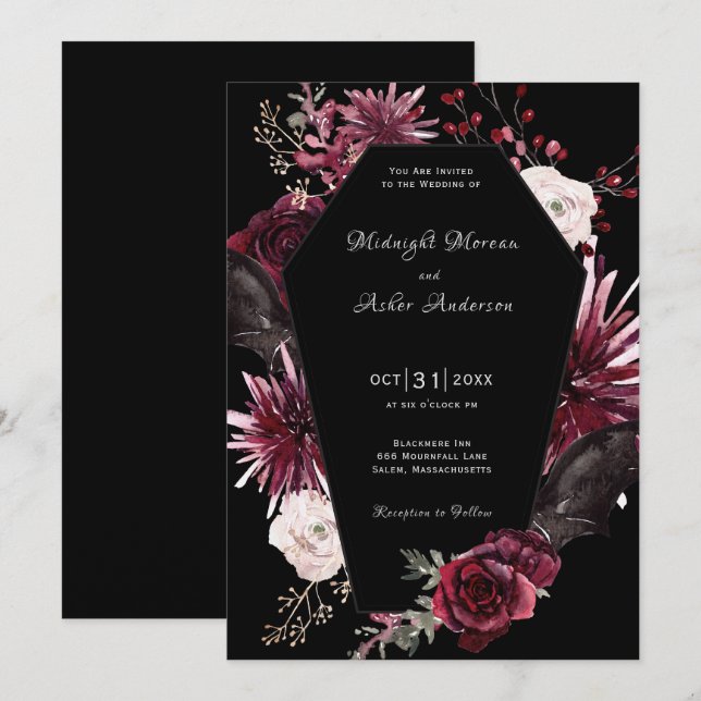 Invitation Élégant Mariage d'Halloween gothique Floral Coffin (Devant / Derrière)
