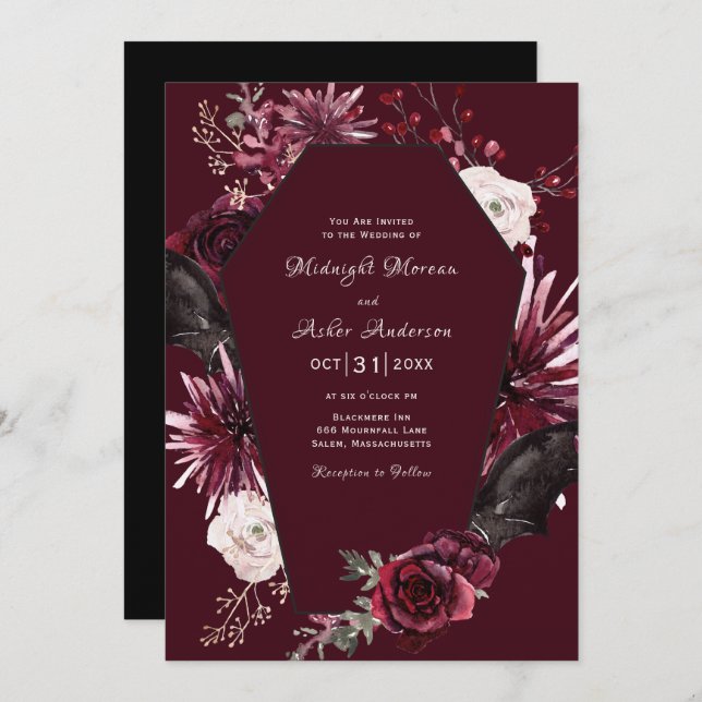Invitation Élégant Mariage d'Halloween gothique Floral Coffin (Devant / Derrière)