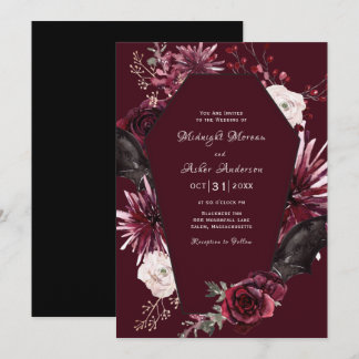 Invitation Élégant Mariage d'Halloween gothique Floral Coffin