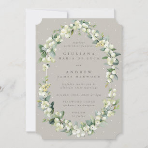 Invitation Elégant Mariage d'hiver Greige Snowberry+Eucalyptu