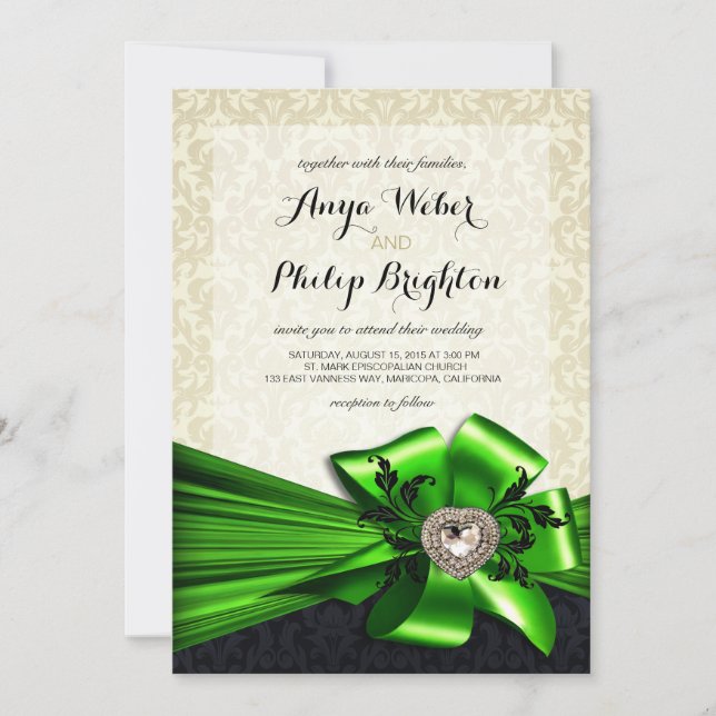Invitation Élégant Mariage Diamante Satin Bow | vert ivoire (Devant)