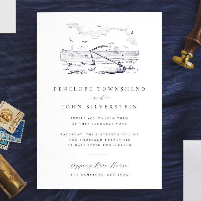 Invitation Élégant Mariage d'illustration de l'Ancre de plage (Elegant Vintage Beach Anchor Illustration Wedding Invitation)