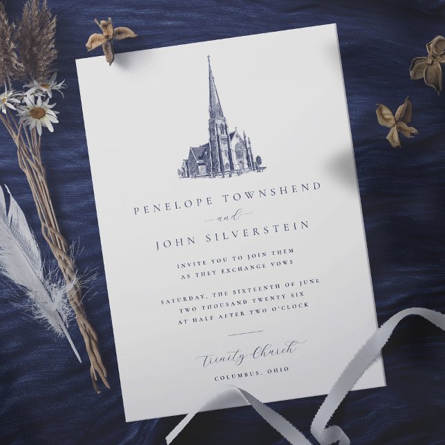 Invitation Élégant Mariage d'illustration de l'église Vintage (Wedding invitation with beautiful vintage illustration of a church)