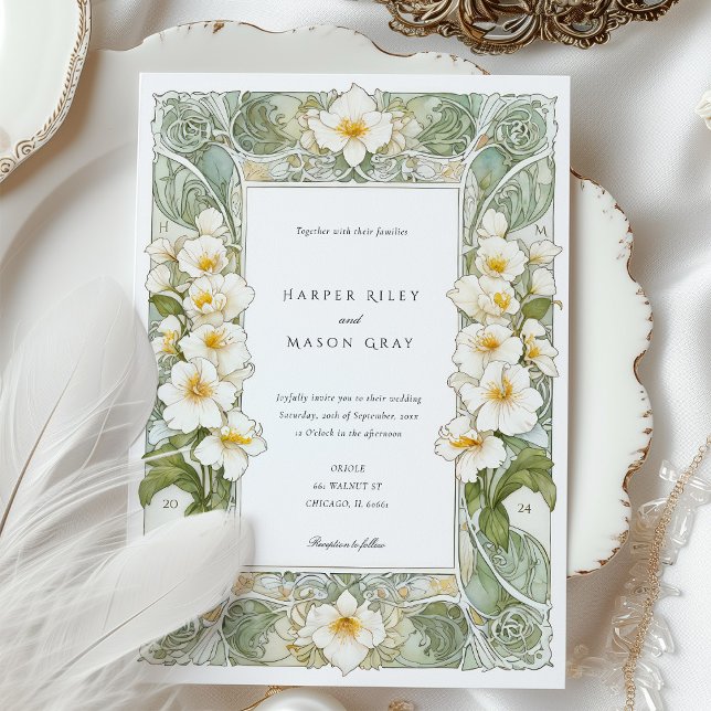Invitation Élégant Mariage d'orchidée blanche Art Nouveau (Créateur téléchargé)