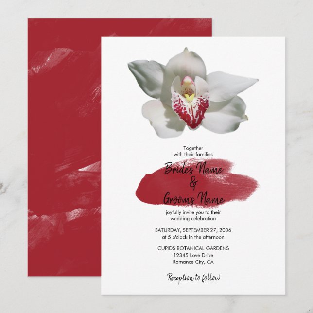 Invitation Elégant mariage d'orchidée bordeaux blanc Invitati (Devant / Derrière)
