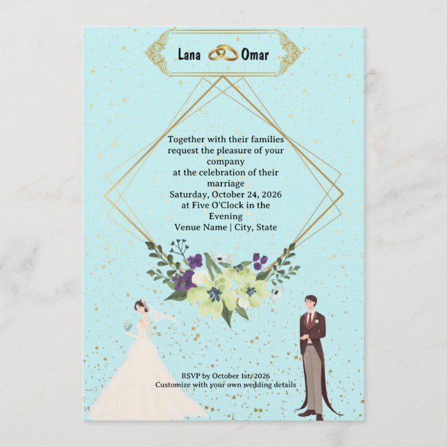 Invitation Élégant Mariage Doré Feuille Géométrique Bleu Pous (Devant)