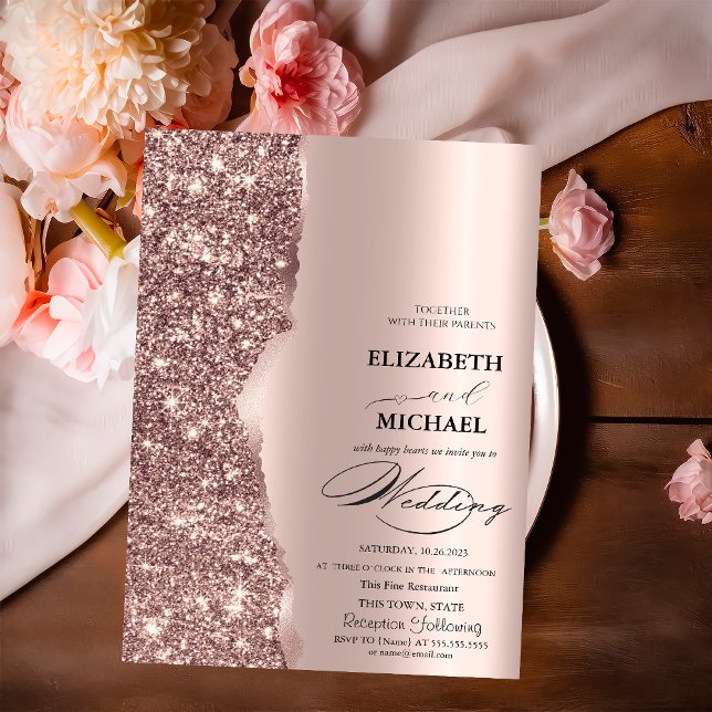 Invitation Élégant mariage écriture paillettes or rose  (Créateur téléchargé)