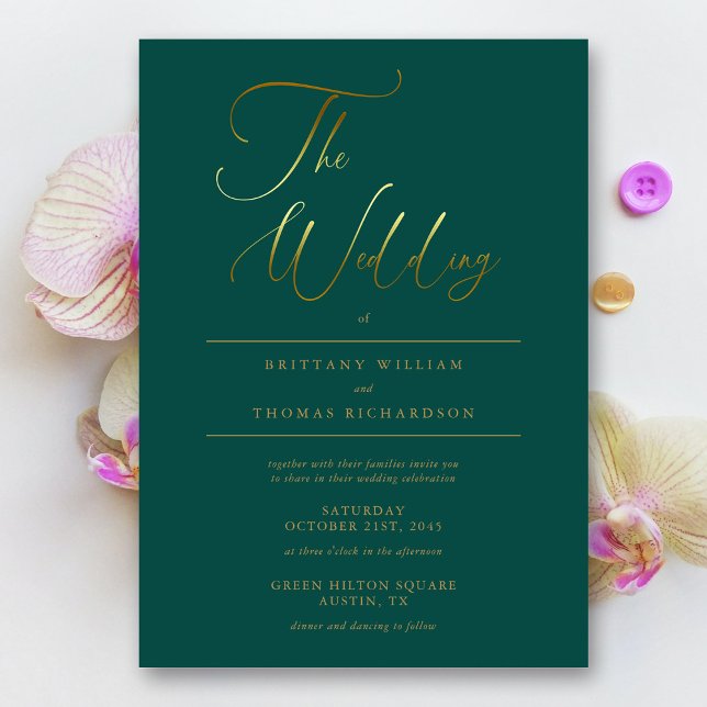 Invitation Élégant Mariage Emerald Green & Gold Calligraphy (Elegant Emerald Green & Gold Calligraphy Wedding Invitation)