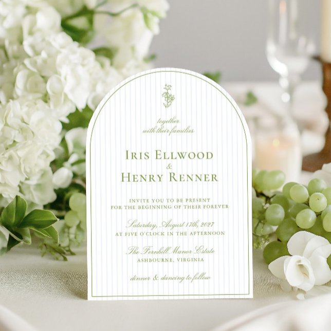 Invitation Elégant Mariage en arc vert et bleu (Elegant Arch Sage Green & Blue Stripe Wedding Invitation)