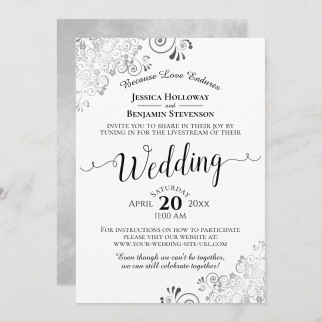 Invitation Elégant Mariage en argent, noir et blanc (Devant / Derrière)