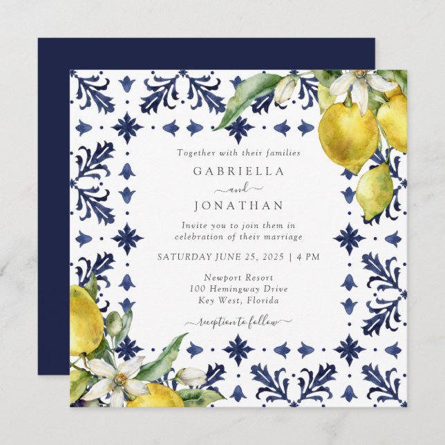 Invitation Élégant Mariage en carrelage bleu citron (Devant / Derrière)