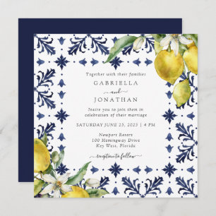 Invitation Élégant Mariage en carrelage bleu citron
