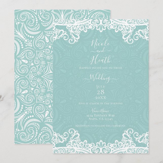 Invitation Elégant Mariage en dentelle blanche Turquoise (Devant / Derrière)